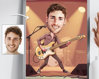 May include: A caricature of a person playing a bass guitar on stage. The person has a large head and is wearing a brown shirt and black pants. The bass guitar is yellow and has a black pickguard. The stage is lit with spotlights.