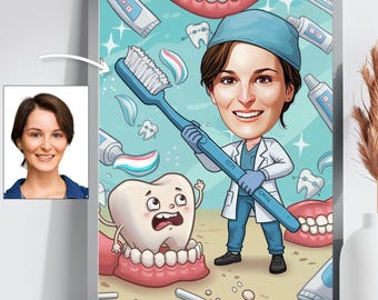 May include: A framed cartoon illustration of a dentist holding a large blue toothbrush. The dentist is wearing a blue cap, gloves, and scrubs. A cartoon tooth is in a set of gums. Toothpaste tubes and teeth are in the background.