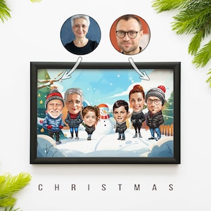 Aangepaste cartoonanimatie, gepersonaliseerd familieportret, vakantiekarikatuur, portret in cartoonstijl, digitale tekeningen en illustratie