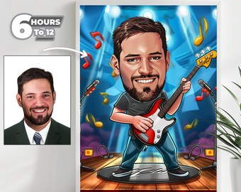 May include: Framed cartoon illustration of a man playing a red and white electric bass guitar on a stage with microphones and musical notes. The image includes a photo of the man and text that reads "6 HOURS TO 12".