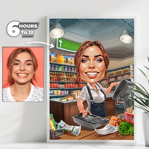 Ritratto di caricatura di cassiera donna personalizzata - dalla tua foto, regalo unico per cassiere, stile cartone animato, download digitale
