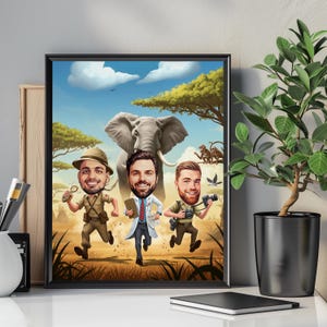 🌍 Custom safari caricature featuring a jungle explorer adventure. This wildlife portrait captures the thrill of an African safari, featuring adventurers running with an elephant in the background. Perfect as a nature wall art piece, a wildlife decor gift, or an outdoor adventure art print. Great for animal lovers, nature enthusiasts, and travelers! 🚀