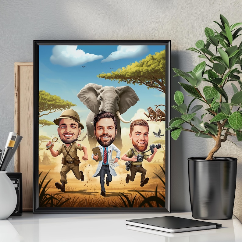 🌍 Custom safari caricature featuring a jungle explorer adventure. This wildlife portrait captures the thrill of an African safari, featuring adventurers running with an elephant in the background. Perfect as a nature wall art piece, a wildlife decor gift, or an outdoor adventure art print. Great for animal lovers, nature enthusiasts, and travelers! 🚀