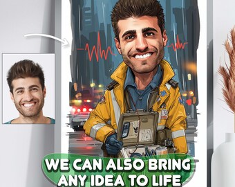 May include: A framed cartoon portrait of a smiling man in a yellow jacket, holding a medical kit. The background shows a city scene with emergency lights and a red heartbeat line. Text on the image reads "WE CAN ALSO BRING ANY IDEA TO LIFE".