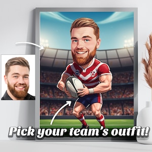 Aangepaste cartoon rugby karikatuur portret, gepersonaliseerd sportcadeau voor rugbyspeler, grappig cadeau-idee en rugbykunst aan de muur voor rugbyfan