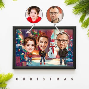 Aangepaste cartoonanimatie, gepersonaliseerd familieportret, vakantiekarikatuur, portret in cartoonstijl, digitale tekeningen en illustratie