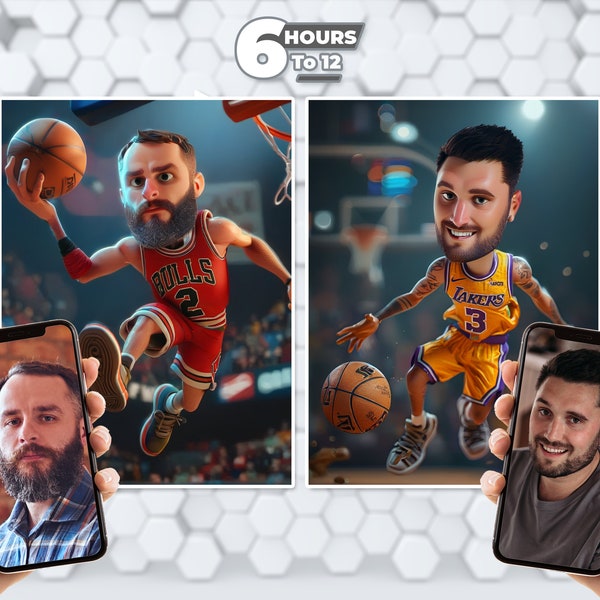 Custom Cartoon Portrait of Basketball - From Your Photo, Unique and Special Gift For Any Occasion, 3D Animation Style, Digital Download.