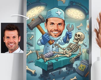 Grappige karikatuur skeletchirurg | Orthopedische cartoonkunst | Doktercadeau op maat | Humor bij botchirurgie | Ziekenhuismuurdecoratie