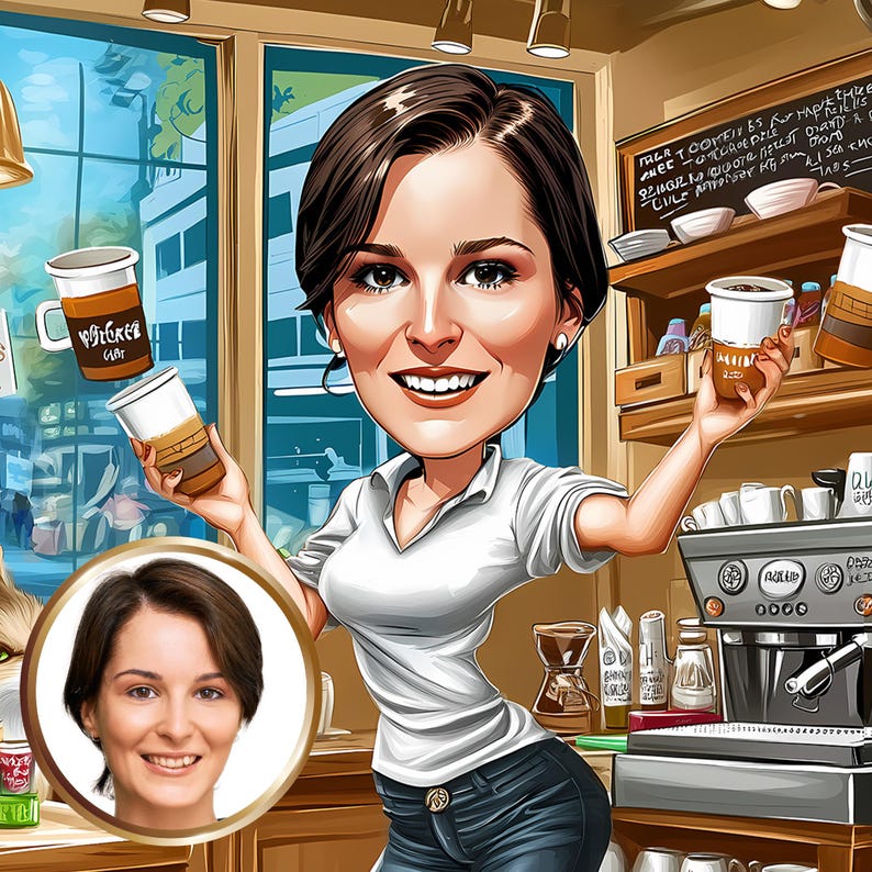 Op de afbeelding: Een karikatuur van een vrouw met bruin haar, die een wit shirt en een blauwe jeans draagt en twee kopjes koffie vasthoudt. Ze staat in een koffiebar met een koffiemachine en een bord met de tekst "FAER TOOTIES 85 FOR HAPPIER TIME".