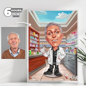 Retrato de caricatura de farmacéutico personalizado: arte personalizado de estilo de dibujos animados a partir de sus fotos, regalo único para farmacéuticos, descarga digital