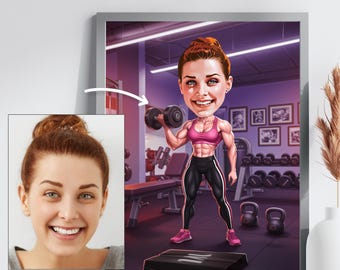 Caricatura de fitness personalizada a partir de una foto, retrato de gimnasio personalizado como regalo para entrenador personal, arte de levantamiento de pesas, decoración de pared con motivación para hacer ejercicio