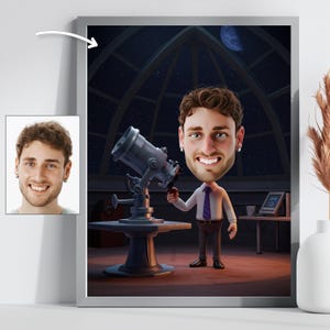 Custom Cartoon Astronomer Portrait Personalized Space Caricature Gift Digital Telescope Artwork for Astronomy Lovers and Stargazers