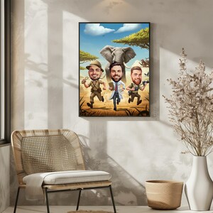 🌍 Custom safari caricature featuring a jungle explorer adventure. This wildlife portrait captures the thrill of an African safari, featuring adventurers running with an elephant in the background. Perfect as a nature wall art piece, a wildlife decor gift, or an outdoor adventure art print. Great for animal lovers, nature enthusiasts, and travelers! 🚀