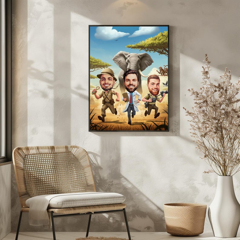 🌍 Custom safari caricature featuring a jungle explorer adventure. This wildlife portrait captures the thrill of an African safari, featuring adventurers running with an elephant in the background. Perfect as a nature wall art piece, a wildlife decor gift, or an outdoor adventure art print. Great for animal lovers, nature enthusiasts, and travelers! 🚀