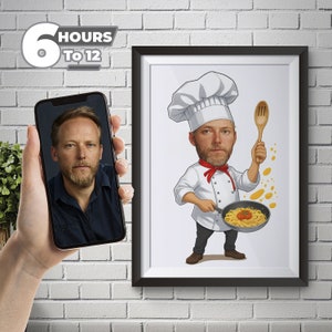 Retrato de caricatura de chef personalizado: estilo caricatura de su foto, chef masculino, regalo único y especial para hombres, descarga digital.