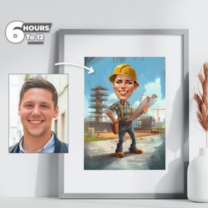 Peut inclure: Une illustration de dessin animé d'un ouvrier du bâtiment portant un casque jaune et tenant des plans. L'ouvrier se tient devant un bâtiment en construction.