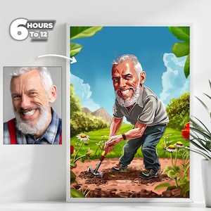 Ritratto caricatura di giardiniere personalizzato - Dalle tue foto, un regalo unico per giardinieri, stile cartone animato disegnato a mano, download digitale