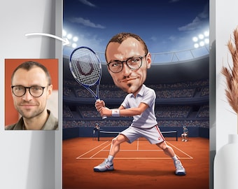 Personalized Tennis Player Caricature Drawing, Funny Custom Cartoon Sports Gift, Unique Art Portrait for Tennis Enthusiast & Sports Fan
