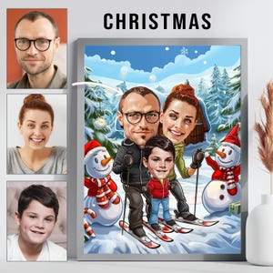 Aangepaste cartoonanimatie, gepersonaliseerd familieportret, vakantiekarikatuur, portret in cartoonstijl, digitale tekeningen en illustratie