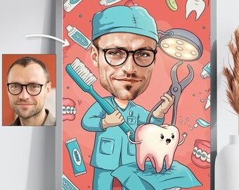 May include: A framed cartoon illustration of a dentist holding a toothbrush and dental pliers, with a smiling tooth character. The dentist wears glasses, a blue cap, and scrubs. The background is red with dental-themed elements.