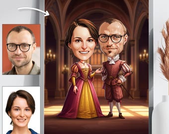 Custom Royal Couple Caricature - Personalized Renaissance Cartoon Portrait - Digital Fairytale Gift - Unique Medieval Art