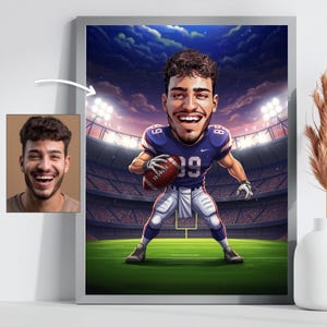 Caricatura artistica personalizzata di football, ritratto di cartone animato personalizzato, idea regalo per gli amanti del football, decorazione sportiva unica per fan o giocatori della NFL