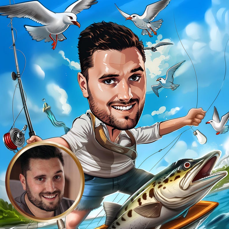 Op de afbeelding: Een cartoonillustratie van een man die aan het vissen is. Hij staat op een grote vis en houdt een hengel en een molen vast. Er vliegen meeuwen in de lucht. De man draagt een wit shirt, een blauwe broek en een bruine riem. Hij heeft een baard en bruin haar. De vis is bruin en heeft een witte buik. De lucht is blauw en er zijn witte wolken.