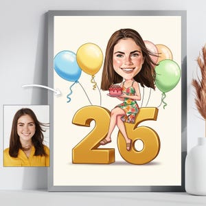 Custom Birthday Caricature Portrait, Personalized 26th Digital Art Gift, Birthday Girl Cartoon Illustration, Celebration Wall Decor Print