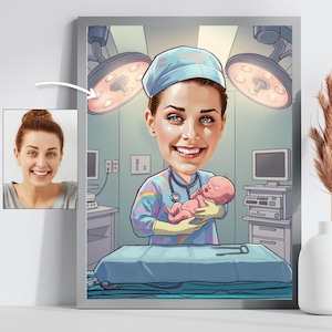 Puede incluir: Ilustración de dibujos animados enmarcada de una enfermera sonriente que sostiene a un bebé recién nacido en un entorno hospitalario. La enfermera lleva gorro azul, uniforme y estetoscopio. Se ven luces y equipos quirúrgicos.