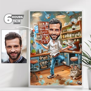Dibujo animado de barista personalizado: retrato personalizado de trabajador de cafetería, amante del café, regalo para barista, descarga digital