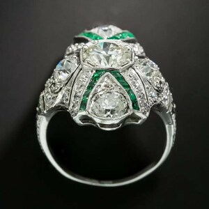 Art Deco Vintage Navette Shape Diamond & Green Emerald Engagement Ring ...