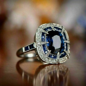 Vintage Art Deco Ring, 3.75Ct Cushion Cut Blue Sapphire & Diamond Ring, Art Deco Vintage Jewellery, Wedding Anniversary Gift Ring For Women
