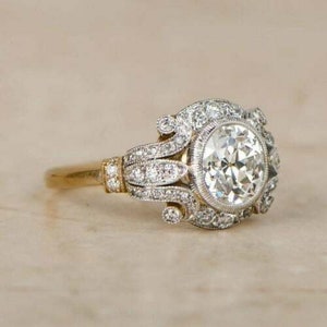Vintage Art Deco White Round Cut Diamond Edwardian Circa Antique Engagement Ring In 14K Yellow Gold Finish, Old European Style Wedding Ring
