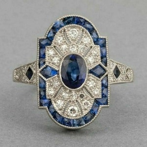 Art-Deco-Vintage-Milgrain-Ring mit rundem Saphir und Diamantbesatz, Art-Deco-Verlobungsring für Frauen, antiker Schmuck und Vintage-Ring