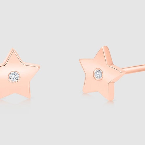 Star Stud Earrings, Rose Gold Earrings, Natural Diamond shops Earrings, Real Diamond Star Shaped Earrings, 14K Gold Earrings, Anniversary Gift
