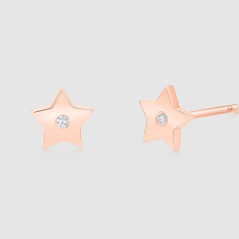 Star Stud Earrings, Rose Gold Earrings, Natural Diamond shops Earrings, Real Diamond Star Shaped Earrings, 14K Gold Earrings, Anniversary Gift