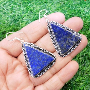 Triangle Shape Natural Lapis Lazuli Earring, Dangle Drop Earring, Blue Lapis Gemstone Silver Earring, Statement Earring, Mother&#39;s Day Gift