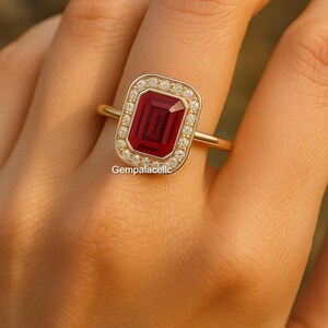 Emerald Cut Ruby Halo Ring in Solid Gold | Red Gemstone And Diamond Engagement Ring | July Birthstone Statement Ring for Her