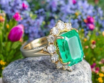 Natural Real Emerald And Diamond Engagement Ring / 18k Solid Gold Women Gift Ring / Anniversary Wedding Gift Ring