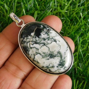 Natural Tree Agate Pendant | 925 Sterling Silver Pendant | Dainty Pendant For Her Oval Shape Pendant Designer Pendant For Girls Boho Pendant