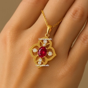Oval Shape Natural Ruby 18K Solid Gold Women Gift Necklace / Anniversary Wedding Gift Necklace/ July Birthstone Necklace