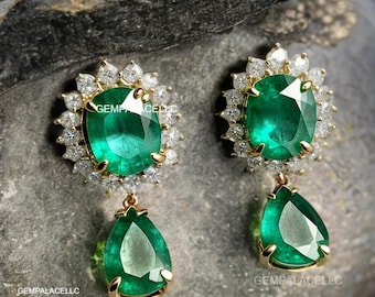 Cushion And Pear Shape Natural Zambian Emerald And Diamond Earrings / 18k Solid Gold Women Gift May Birthstone Earrings / Christmas Gift