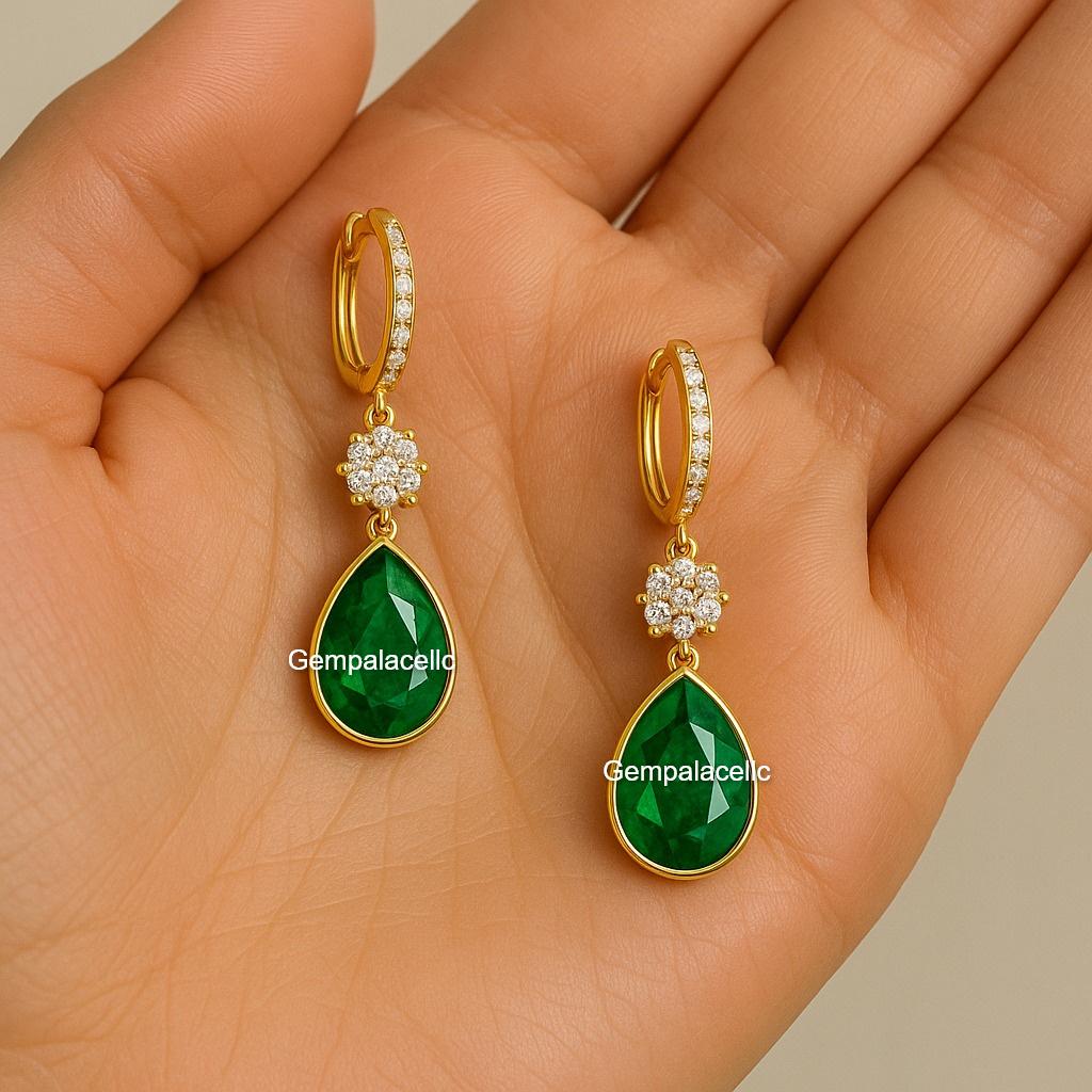 Pear Shape Emerald And Diamond Earrings / 18k Solid Gold Women Gift May Birthstone Earrings / Christmas Gift