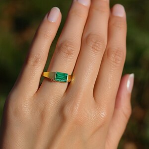 Emerald Cut Solitaire Ring, Gold Signet Ring, May Birthstone Ring | Minimalist Emerald Ring| Bezel set ring  Green Gemstone Jewelry