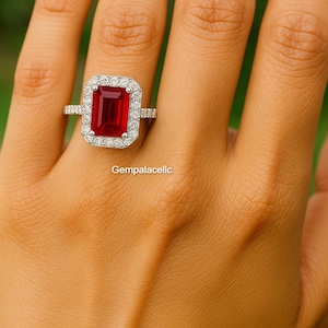 Emerald Cut Ruby Halo Ring in Solid Gold | Red Gemstone And Diamond Engagement Ring | July Birthstone Statement Ring for Her