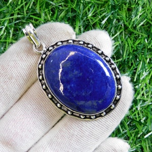 Natural Lapis Lazuli Gemstone Pendant, Blue Lapis Lazuli Pendant, Silver Pendant, Large Gemstone Pendant, Oval Pendant, Anniversary Gift Her