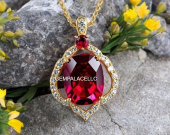 Cushion Shape Natural Ruby And Diamond Necklace / 18k Solid Gold Women Gift Pendant / Anniversary Wedding Gift Pendant