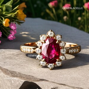 Bague en or massif 14 carats avec rubis et diamants de forme ovale cultivés en laboratoire pour femmes et filles / Bague cadeau de Noël