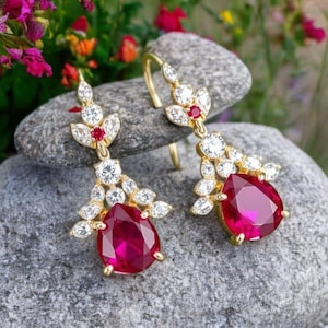 Natural July Birthstone Ruby And Diamond Dangle Drop Earrings / 14k Solid Gold Women Gift Earrings / Anniversary Wedding Gift