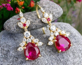 Natural July Birthstone Ruby And Diamond Dangle Drop Earrings / 14k Solid Gold Women Gift Earrings / Anniversary Wedding Gift